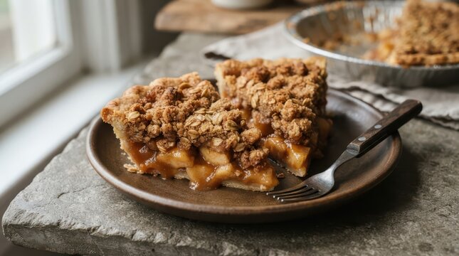 Two slices of homemade apple crumble pie on a rustic plate
