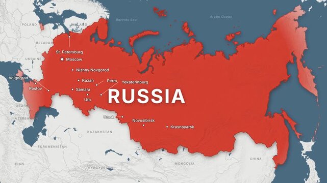 Russia light map zoom with red highlight and city labels