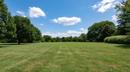 Naklejka premium Wide open green lawn stretching to a distant tree line flanked by trees under a blue sky with scattered clouds