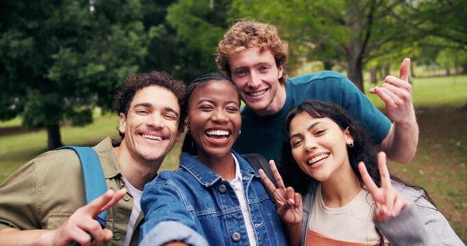 Face, students and selfie in college with peace sign, bonding and memories for final academic year. Happy, people and outdoor on university campus with photography, emoji and post for social media.