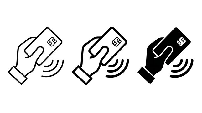 Simple line and solid style icons illustrating a contactless payment using a credit card.   