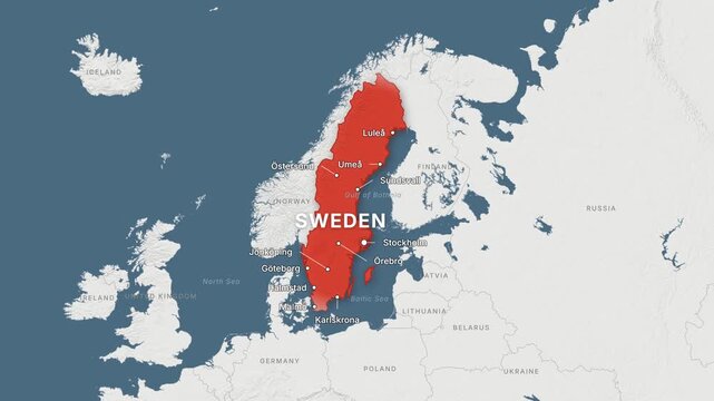 Sweden light map zoom with red highlight and city labels