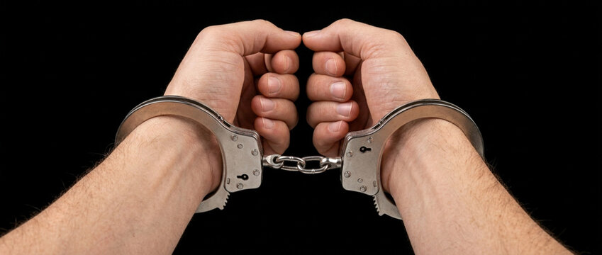 Close-up of Hands Restrained in Metal Handcuffs Against Black Background