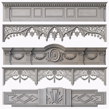 Architectural cornices and decorative moldings feature classic and ornate carved details.