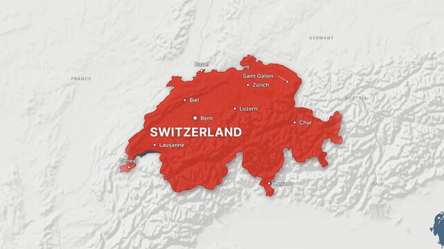 Switzerland light map zoom with red highlight and city labels