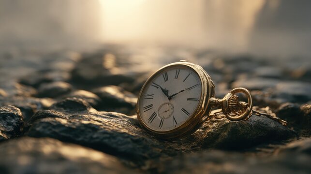 Vintage gold pocket watch lying on rough stone surface showing time with warm sunrise light in soft focus background