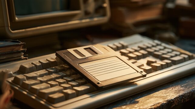 Close-up of vintage floppy disk resting on old beige computer keyboard with blurred retro monitor in background on wooden desk