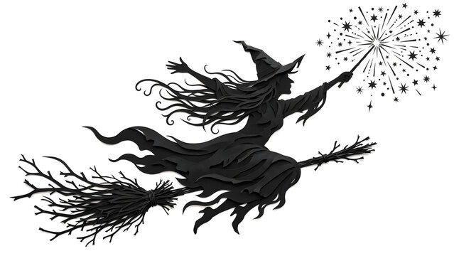 Black silhouette of a witch flying on a broomstick casting a magic spell with a wand