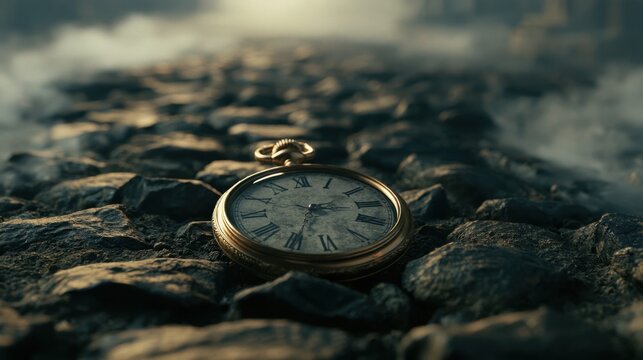 Antique pocket watch with Roman numerals resting on rough stone surface in misty atmospheric setting close up detailed view