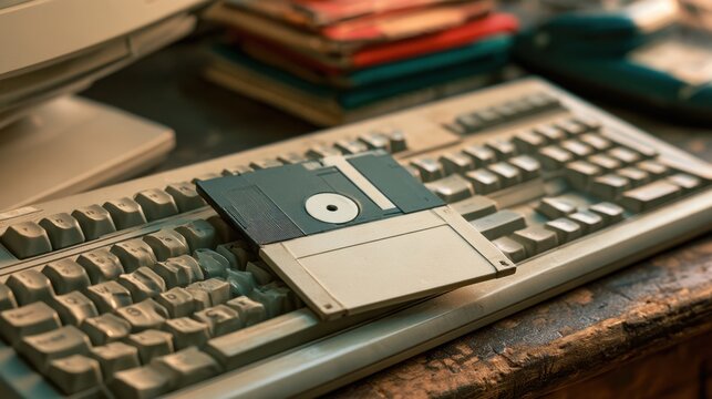 Retro vintage floppy disk placed on old computer keyboard with blurred computer monitor and stacked books in background with warm lighting