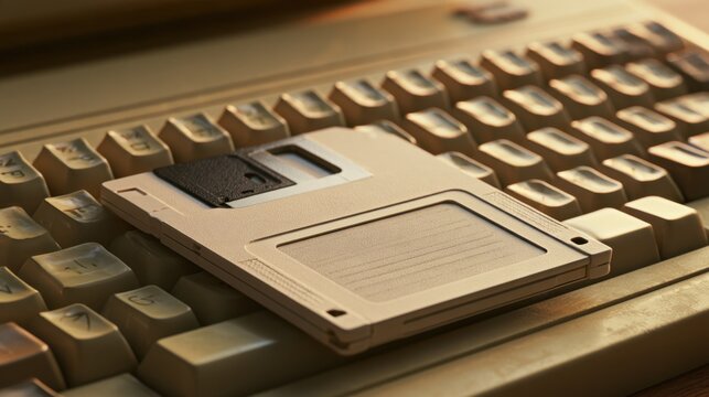 Close-up of vintage beige floppy disk resting on aged computer keyboard with old-fashioned keycaps in warm lighting, nostalgic technology concept