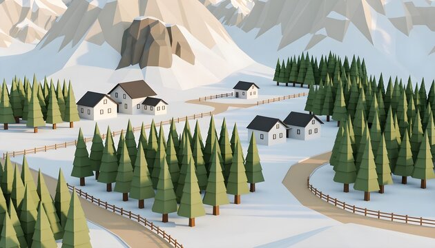 Low poly winter landscape featuring wooden cottages and snowy pine trees