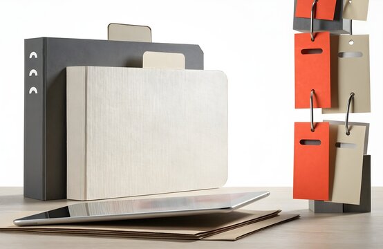 Office folders and color swatch samples on a desk for design project planning with color swatche