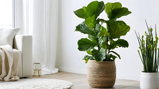 A large fiddle leaf fig plant in a woven basket sits beside a white sofa and another potted plant in a modern  bright room