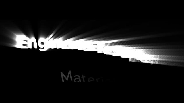 Engineering material science innovations presented with bright glowing light rays emanating from text. Educational graphic illustration showing technical terminology against a dark textured.