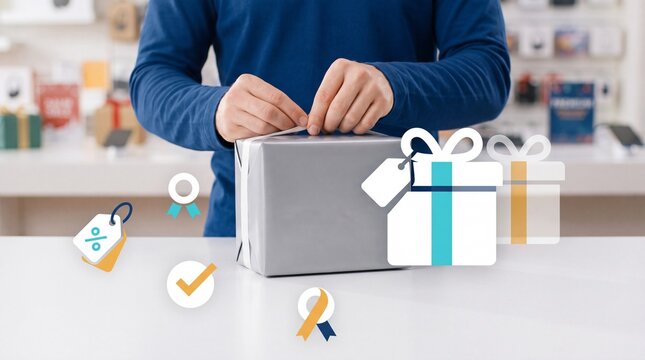 Boxing Day Person wrapping a gift box with ribbons at a retail store counter with digital sale icons