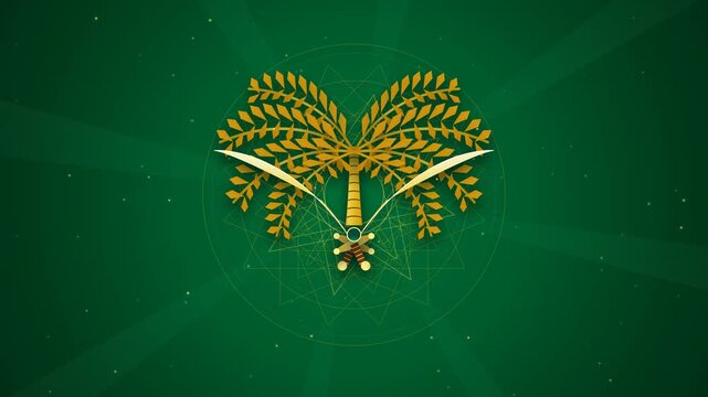 Animated golden Saudi emblem with palm tree and swords on green mandala background