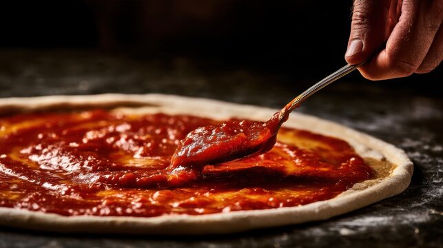 Close-up of hand spreading tomato sauce on pizza dough with spoon preparing homemade Italian style flatbread meal