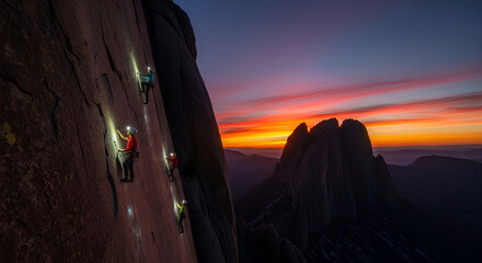 Fototapeta premium Group of Rock Climbers Ascending Cliff at Sunset