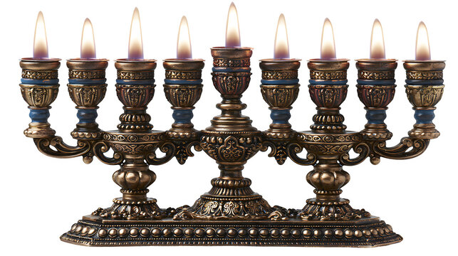 Ornate brass Hanukkah menorah with nine lit candles isolated on transparent background