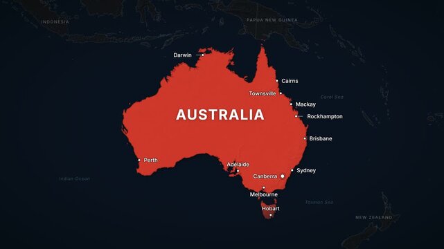 Australia dark map zoom with red highlight and city labels