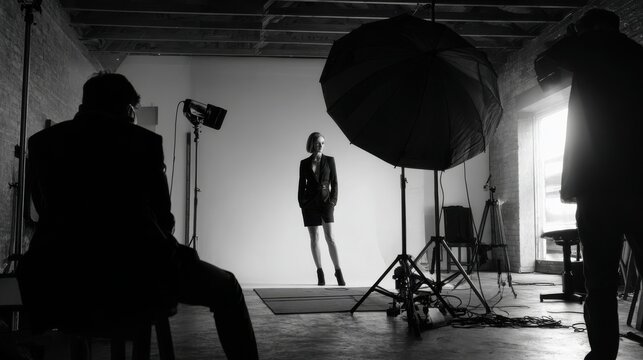 Photoshoot, photographer and model on set, fashion and pictures for magazine in studio and production. Backstage, creative and tech for project in media agency, camera and equipment for photography