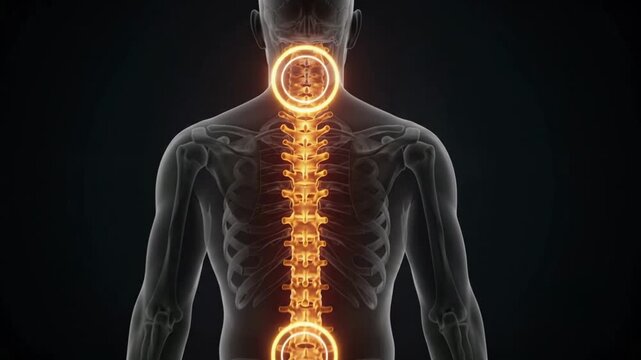 Human Spine Anatomy and Back Pain - Glowing Vertebrae with Targeted Pain Points - 3D Medical Animation 4K Footage