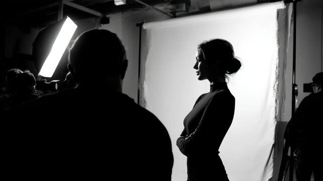 Photoshoot, photographer and model on set, fashion and pictures for magazine in studio and production. Backstage, creative and tech for project in media agency, camera and equipment for photography