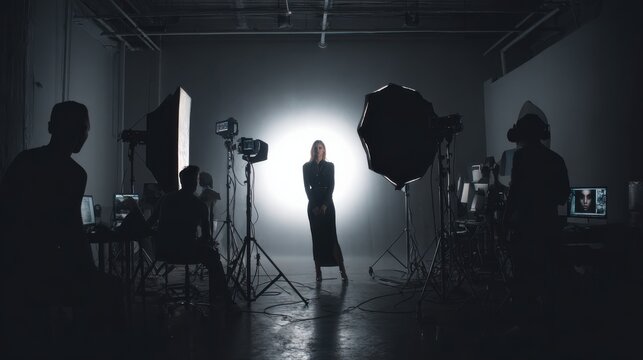Photoshoot, photographer and model on set, fashion and pictures for magazine in studio and production. Backstage, creative and tech for project in media agency, camera and equipment for photography