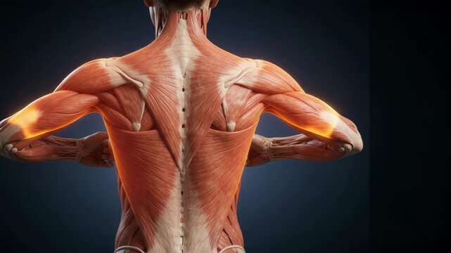 Human Back Muscle Anatomy - Pain Visualization with Glowing Highlights on Trapezius and Latissimus Dorsi - 3D Rendered Medical Animation