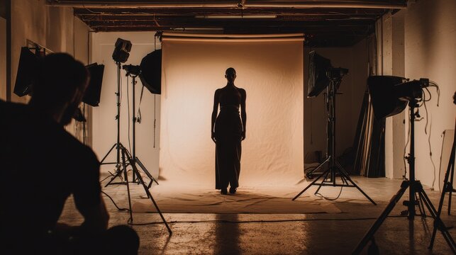 Photoshoot, photographer and model on set, fashion and pictures for magazine in studio and production. Backstage, creative and tech for project in media agency, camera and equipment for photography