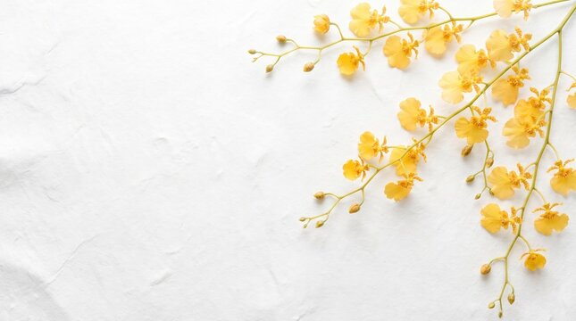 Elegant yellow dancing lady orchid flowers on a white textured paper background with copy space, perfect for minimalist spring or summer floral greeting card and banner design