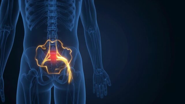 Sciatica Nerve Pain Animation - Lower Back Spine Inflammation and Nerve Root Path - Blue Medical 3D Graphic Footage