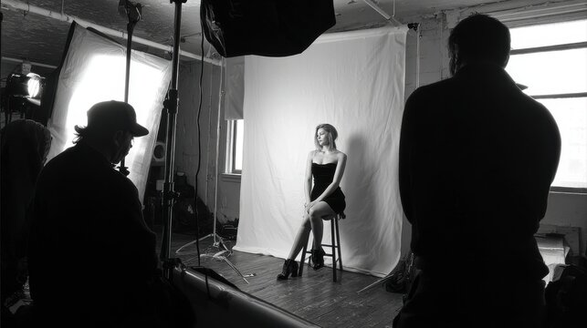 Photoshoot, photographer and model on set, fashion and pictures for magazine in studio and production. Backstage, creative and tech for project in media agency, camera and equipment for photography