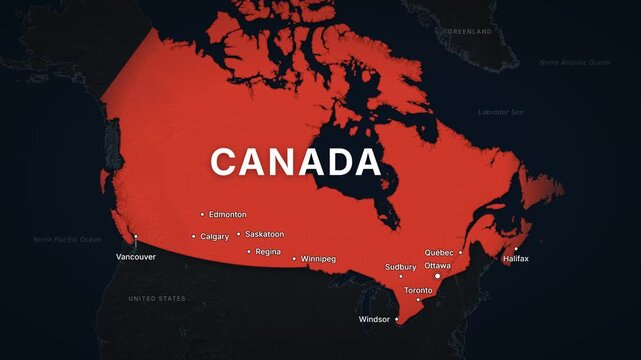 Canada dark map zoom with red highlight and city labels