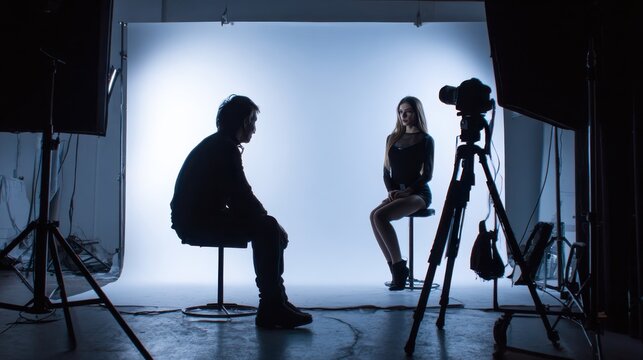 Photoshoot, photographer and model on set, fashion and pictures for magazine in studio and production. Backstage, creative and tech for project in media agency, camera and equipment for photography