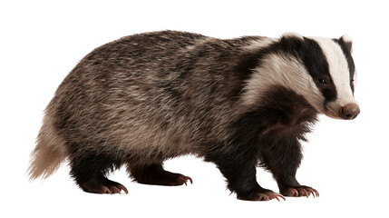 European badger with distinctive black and white striped face and coarse fur © Rufus