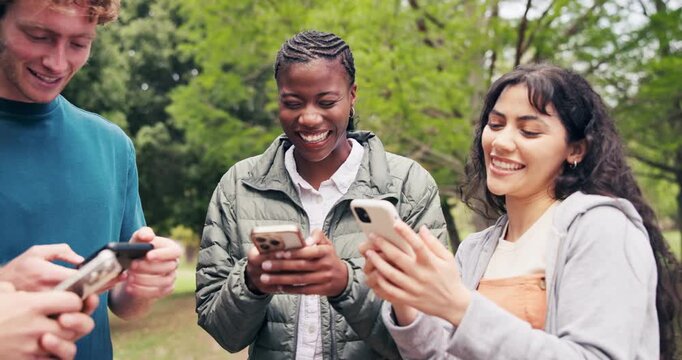 University, laugh or friends outdoor with phone, funny text or comic reaction on social media. Humor, happy people or students in park with technology, college bonding or gen z meme in group chat.
