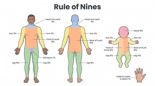 Rule of nines burn surface area chart for adult and child clinical reference