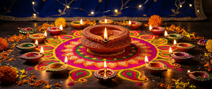 Diwali Celebration: Diyas Lit on Rangoli with Marigold Flowers and Fairy Lights
