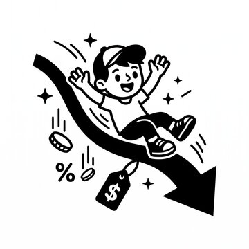 Cute boy sliding on a price down arrow with discount tag and coins