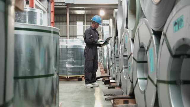 Mature Asian factory male engineer inspector is checking stock with laptop at stack of metal sheet rolls in a stock storehouse, inspecting manufacturing warehouse for industrial business production.