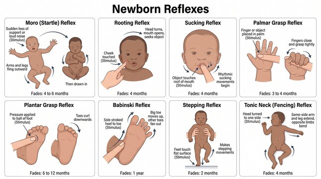 Newborn primitive reflexes chart with Moro, rooting, grasp and Babinski for nursing