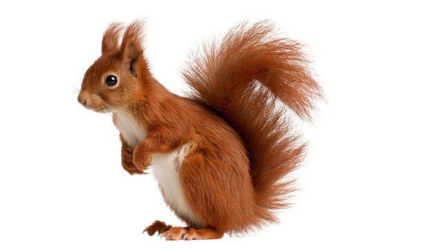Red squirrel with fluffy tail standing in profile