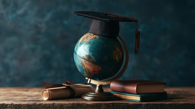Globe with graduation cap and diploma scrolls next to stacked book on rustic wooden table for education achievement concept