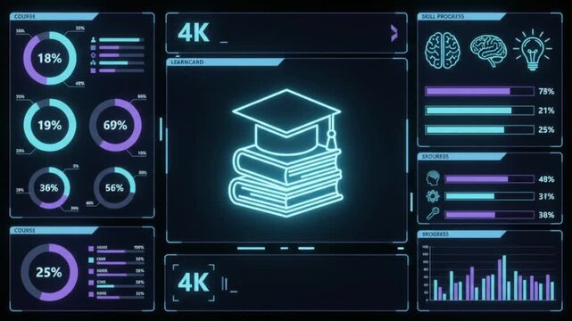 Education learning dashboard overlay with course completion rings and progress bars