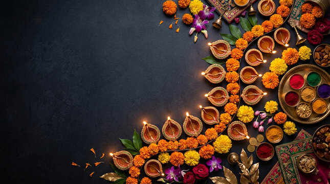 Diwali Celebration: Diyas, Marigold Flowers, Rangoli Colors on Dark Background