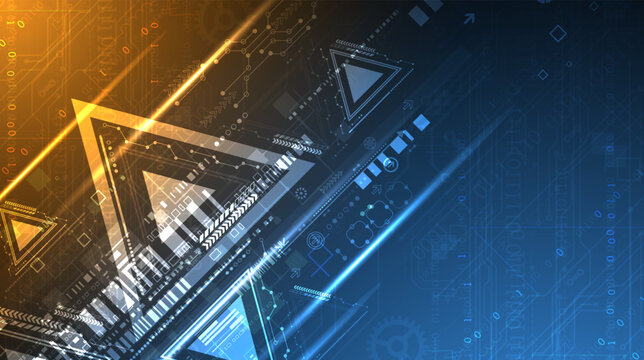 Abstract futuristic technology background with glowing geometric triangles and circuit board elements. Vector