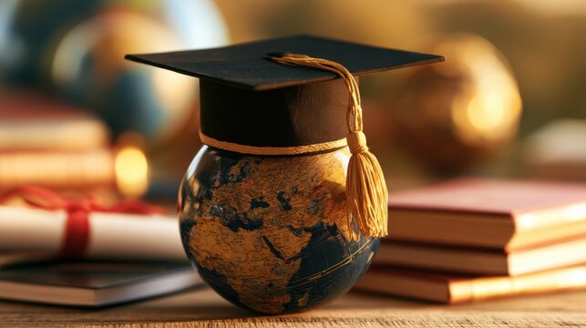 Education and global knowledge concept with miniature globe wearing graduation cap surrounded by book and scroll on wooden table