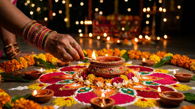 Diwali Celebration: Hand lighting a diya on a colorful rangoli with marigold flowers and bokeh lights